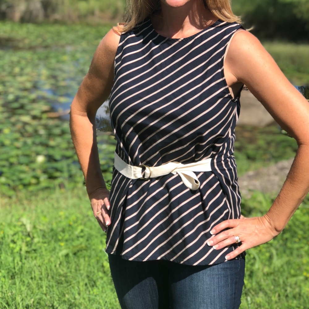 NWT Striped Twill Buckle Front Sleeveless Top